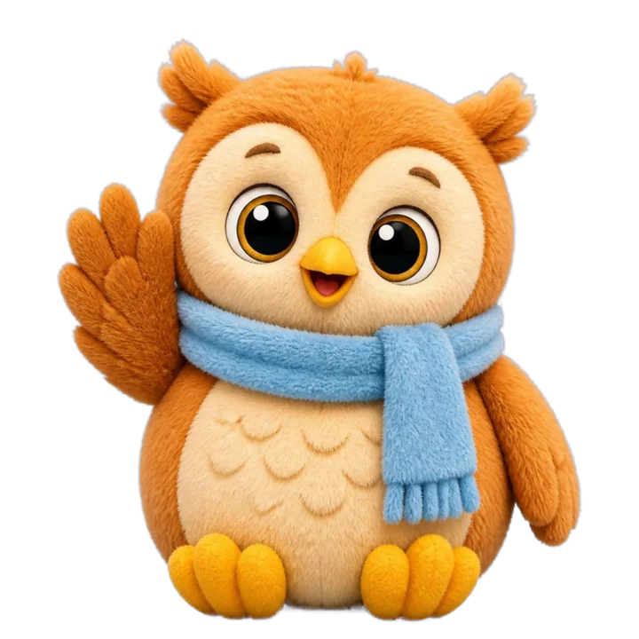 Olle, een pluchen uil met een blauwe sjaal