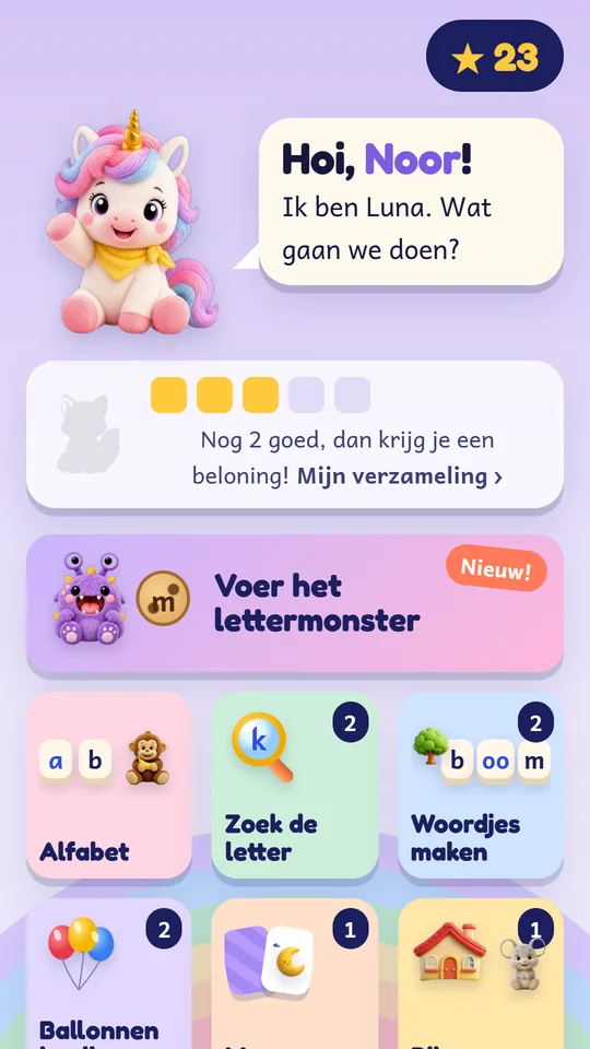 Startscherm met Luna en alle spellen
