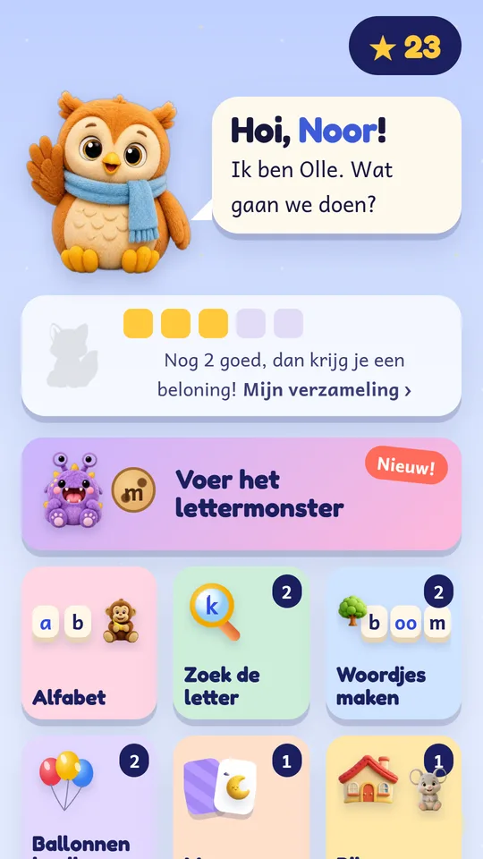 Startscherm in het nachtthema met Olle